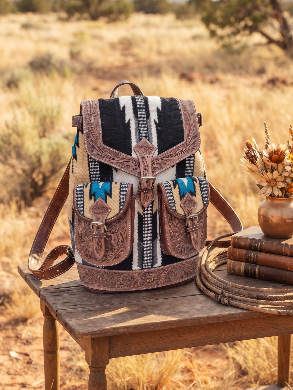Aztec leather backpack - navajo blanket western bag - tooled leather rucksack for women - large country festival purse