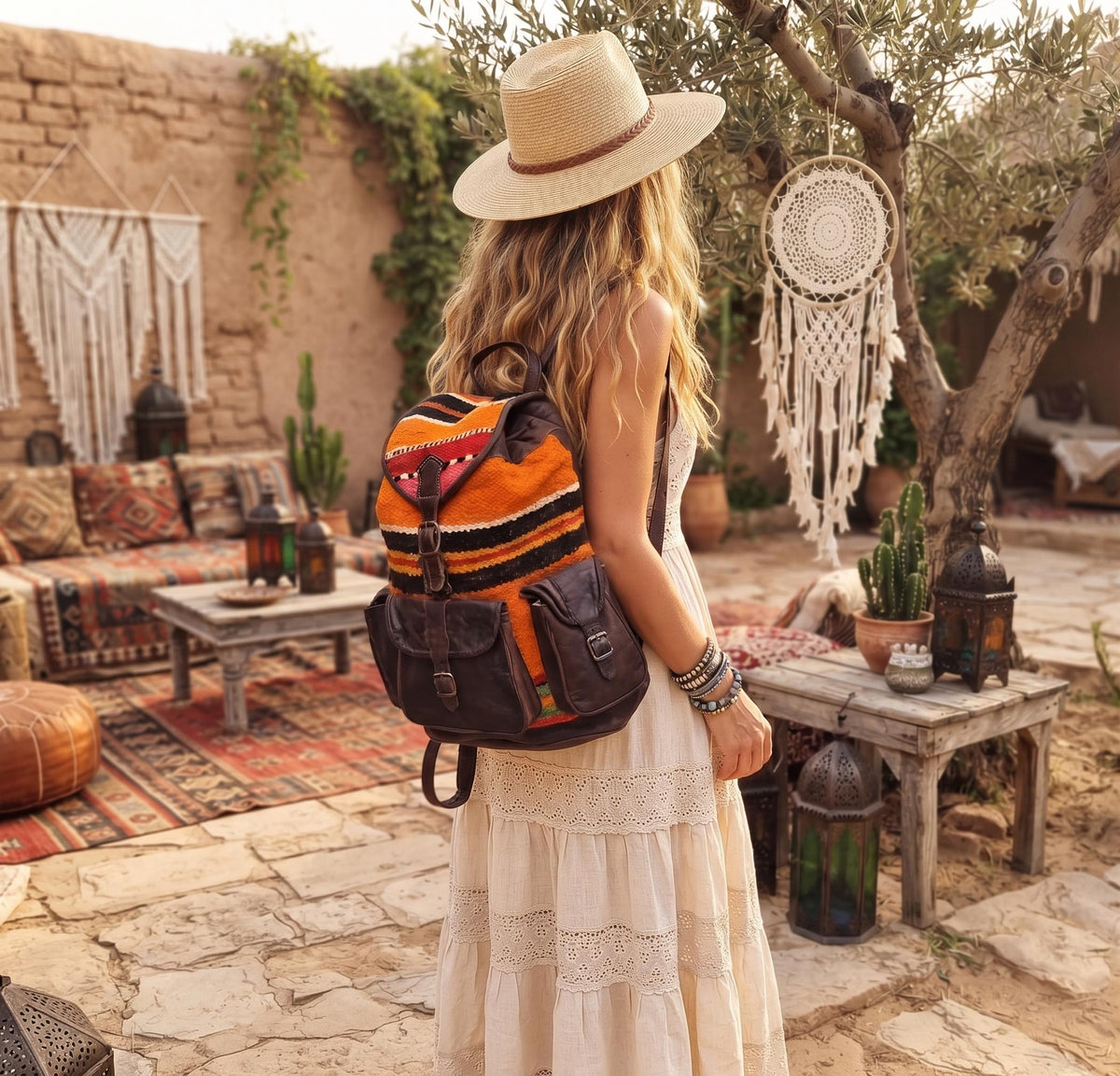 Vintage Moroccan Kilim Backpack, Leather Berber Rucksack, Boho Hippie Festival Bag, Upcycled Carpet Backpack, Large Womens Travel Bag