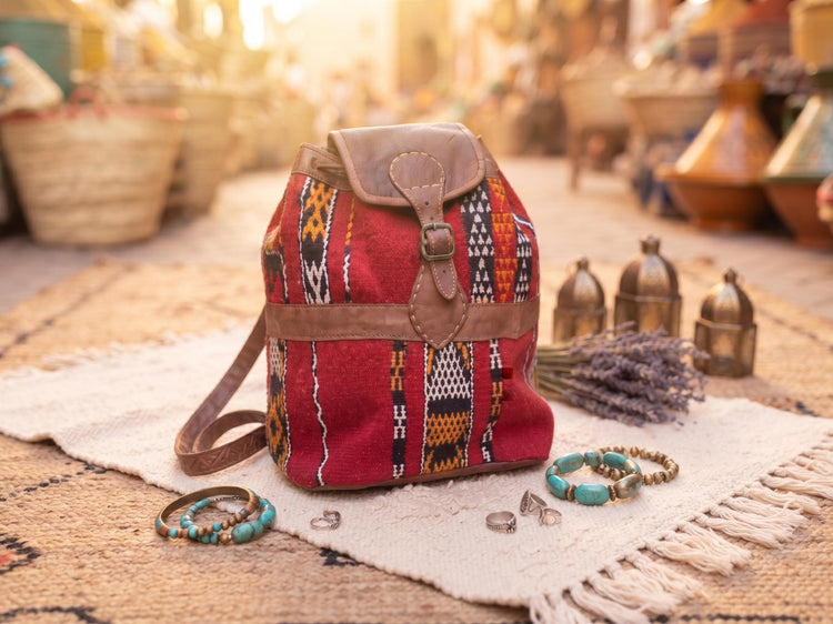Vintage Moroccan Leather Backpack, Boho Hippie Travel Rucksack, Berber Kilim Bag, Unique Upcycled Ethnic Carpet