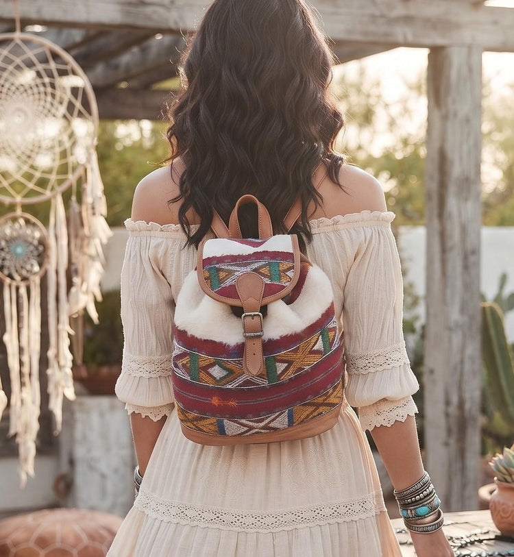 Womens Moroccan Kilim Carpet Leather Backpack, Boho Hippie Travel Rucksack, Vintage Berber Bag, Festival Bag