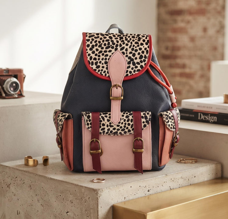 Leather Patchwork Backpack, Cowhide Leather Rucksack, Leopard Print Bag, Boho Backpack, Handmade Leather Bag, Festival Rucksack, Western Bag