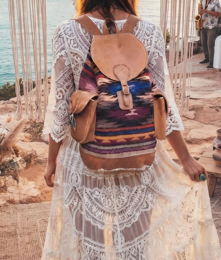 Extra Large Leather Backpack, Vintage Southwestern Rucksack, Aztec Purse, Womens Hippie Travel Backpack, Boho Festival Bag