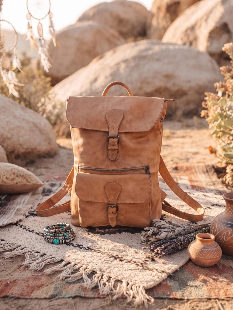 Large Tan Leather Backpack, Womens Rucksack, Handmade Moroccan Bag, Minimalist Travel Bag, Laptop Backpack for Women