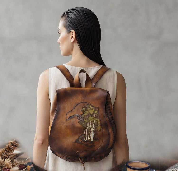 Vintage Tooled Leather Backpack, Woodland Forest Bag, Fairycore Rucksack, Tree Leather Backpack, Boho Hippie Bag, Naturecore Backpack