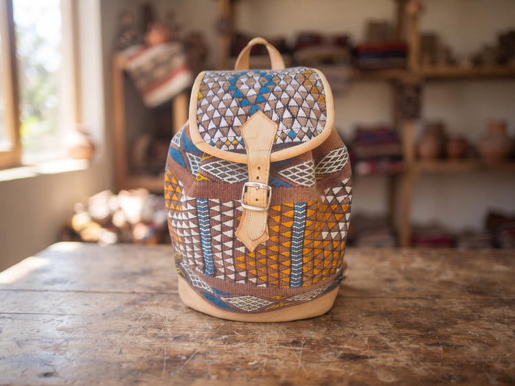 Ethnic Moroccan Kilim Backpack Purse, Large Leather Rucksack, Boho Shoulder Bag