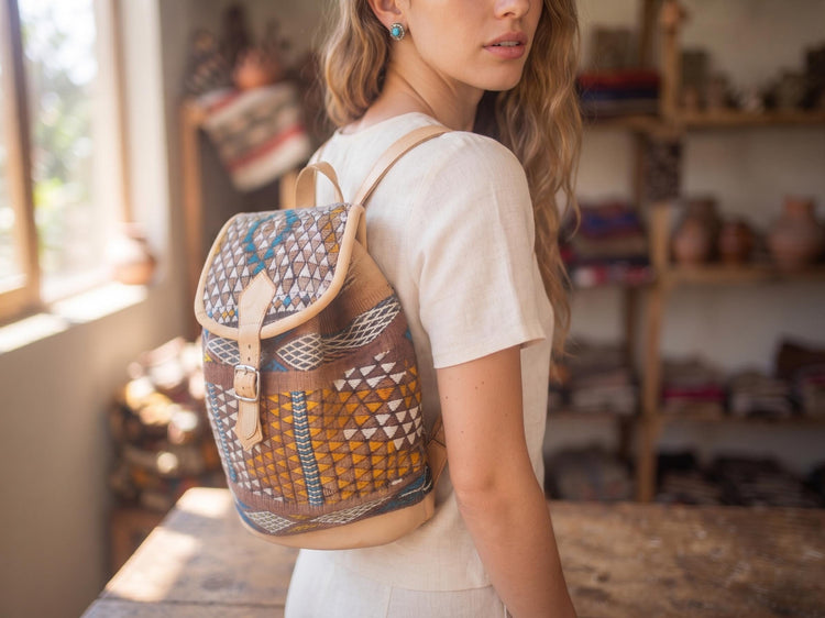 Ethnic Moroccan Kilim Backpack Purse, Large Leather Rucksack, Boho Shoulder Bag