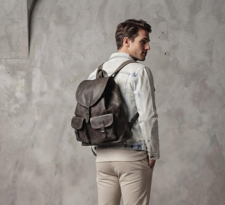Oversized Leather Backpack, Large Drawstring Rucksack, Boho Biker Bag, Hippie Travel Bag, Unisex Rucksack