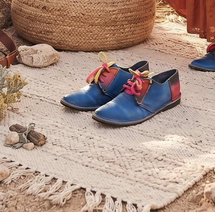 Vintage Blue Leather Shoes UK 6, Boho Hippie Rainbow Flats US 8, Colourful Leather Footwear, Festival Shoes, Retro Womens Shoes