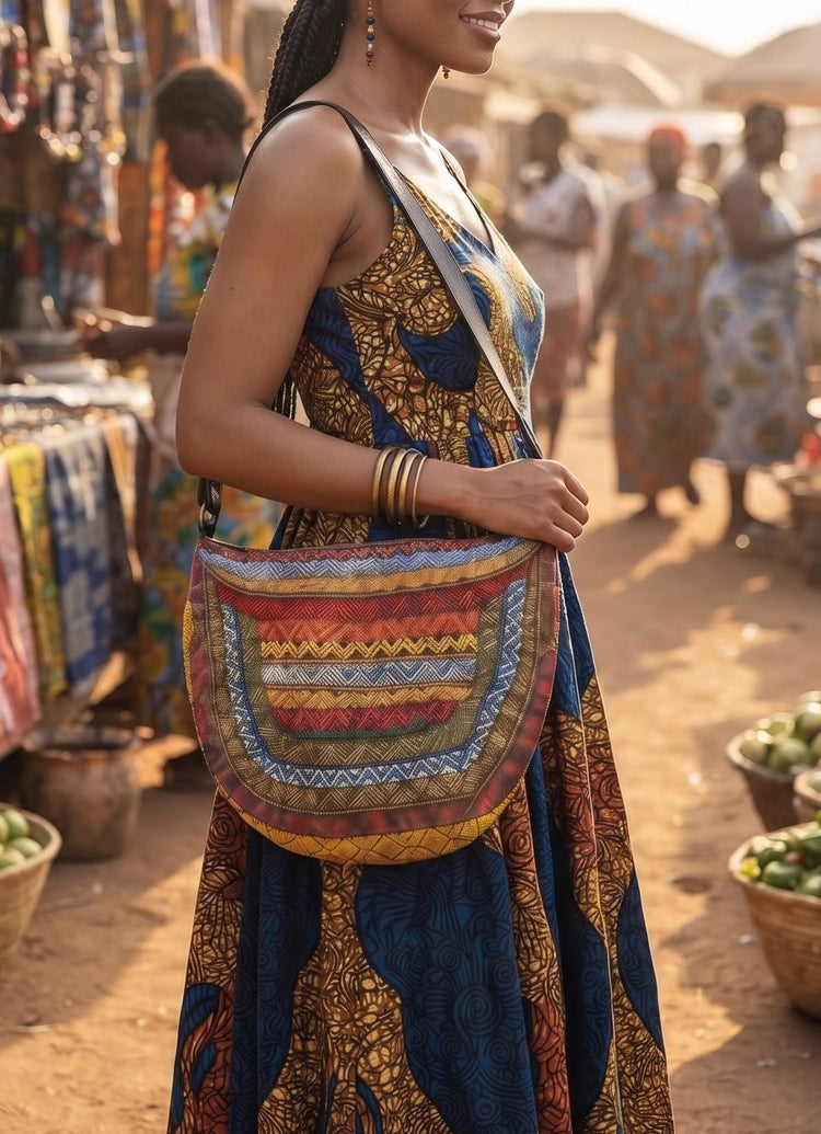 Hand-Painted Leather Shoulder Bag: African Tribal Art, Boho Saddle Bag
