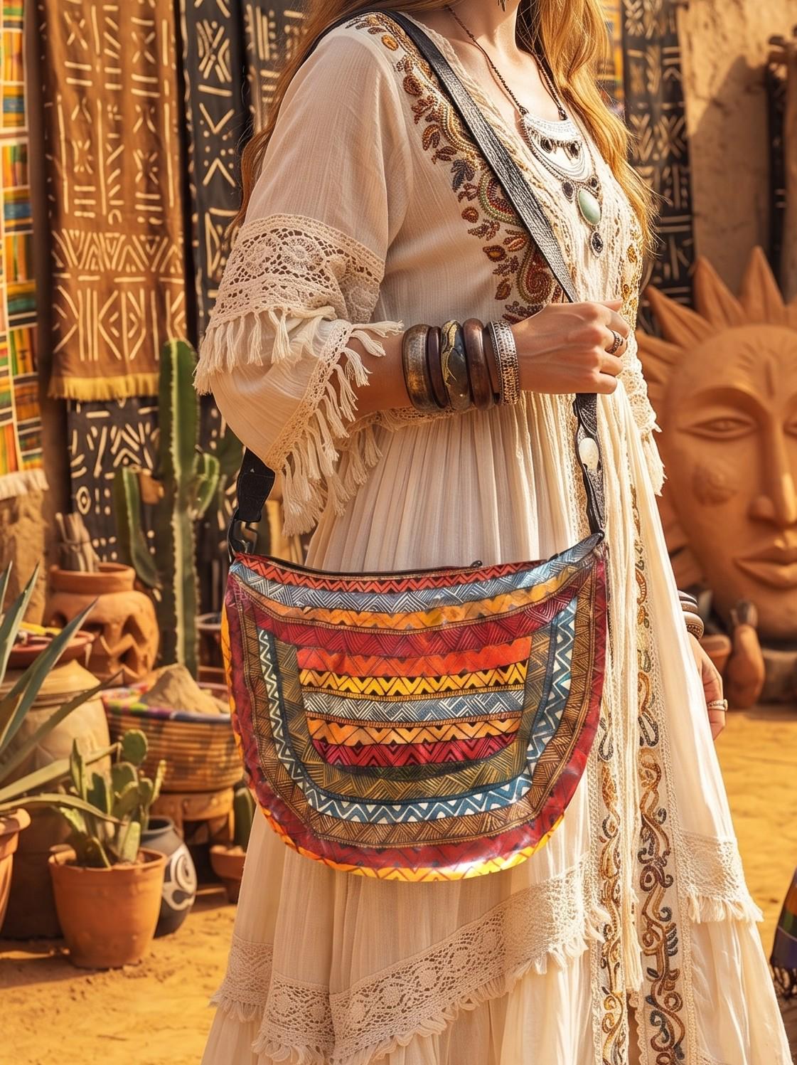 Hand-Painted Leather Shoulder Bag: African Tribal Art, Boho Saddle Bag