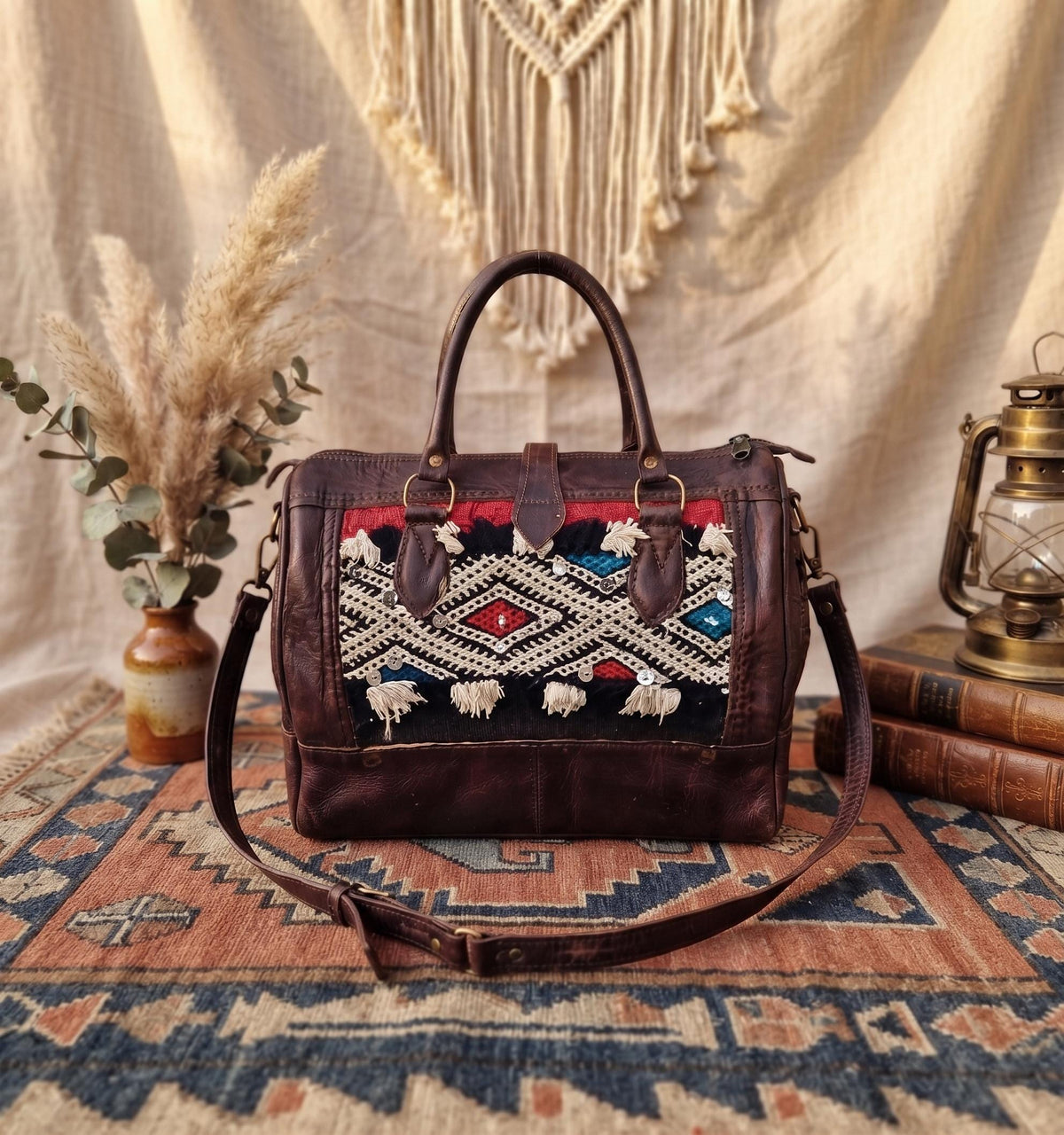 Vintage Moroccan Kilim Bag, Small Leather Weekender, Boho Travel Duffle, Hippie Overnight Bag, Carpet Travel Bag, Festival Bag