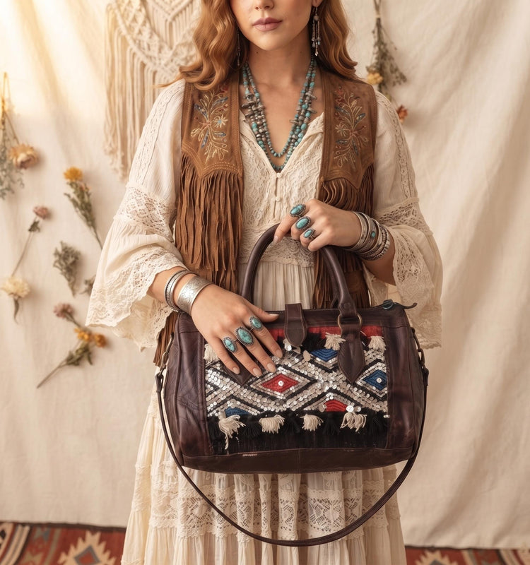 Vintage Moroccan Kilim Bag, Small Leather Weekender, Boho Travel Duffle, Hippie Overnight Bag, Carpet Travel Bag, Festival Bag