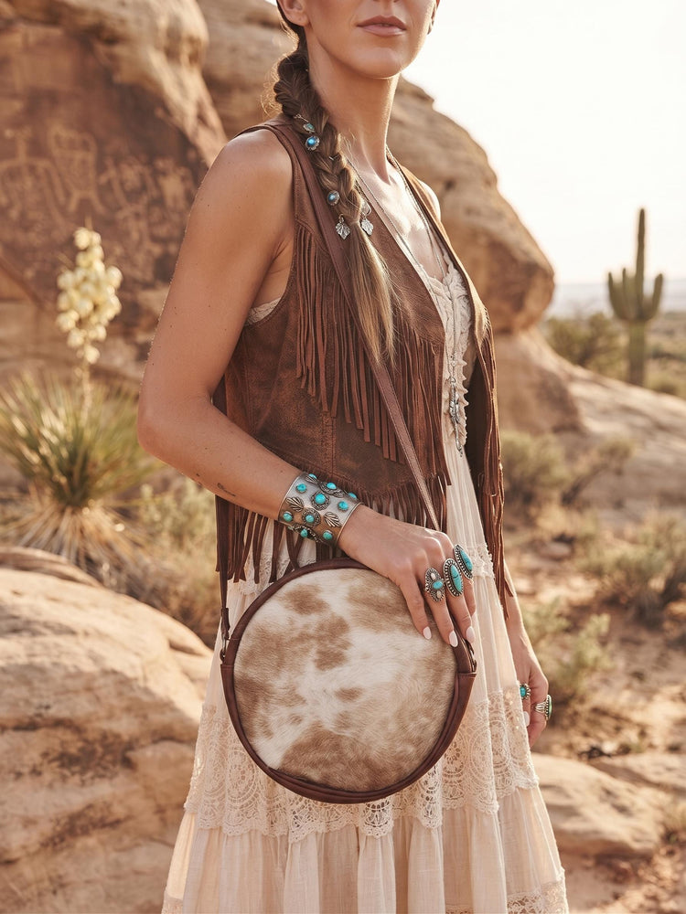 Round Cowhide Leather Bag, Western Cowgirl Purse, Boho Crossbody Bag, Leather Tassel Handbag, Small Cowhide Satchel, Festival Bag