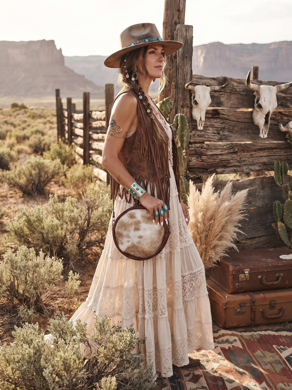Round Cowhide Leather Bag, Western Cowgirl Purse, Boho Crossbody Bag, Leather Tassel Handbag, Small Cowhide Satchel, Festival Bag