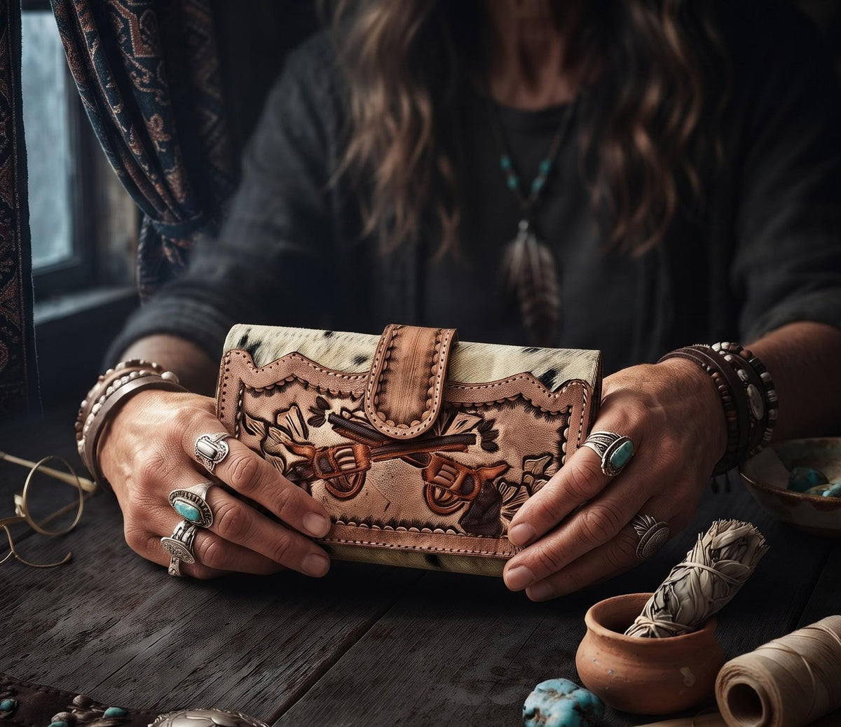 Tooled Leather Cowhide Crossbody Bag: Western Pistol Design with Fringe