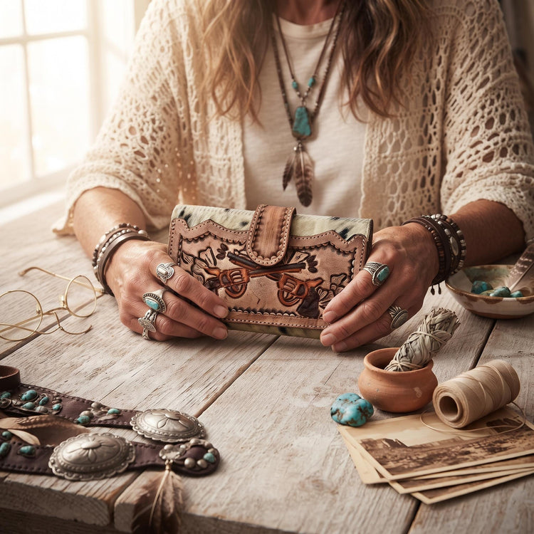 Tooled Leather Cowhide Crossbody Bag: Western Pistol Design with Fringe