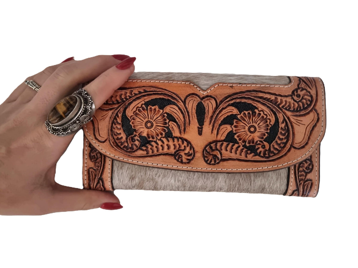 Vintage Cowhide Leather Wallet for Women – Hand Tooled Floral Western Purse | Long Cowgirl Bifold Wallet