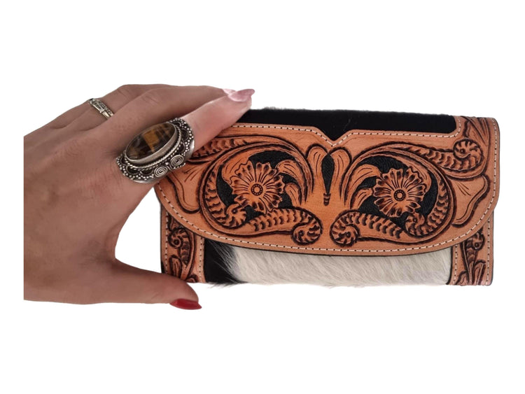 Vintage Cowhide Leather Wallet for Women – Hand Tooled Floral Western Purse | Long Cowgirl Bifold Wallet