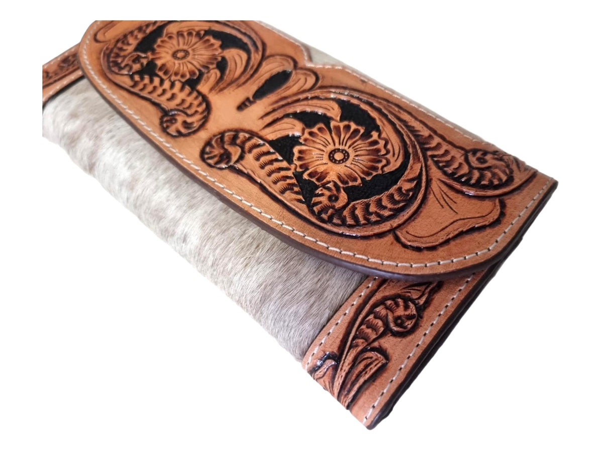 Vintage Cowhide Leather Wallet for Women – Hand Tooled Floral Western Purse | Long Cowgirl Bifold Wallet