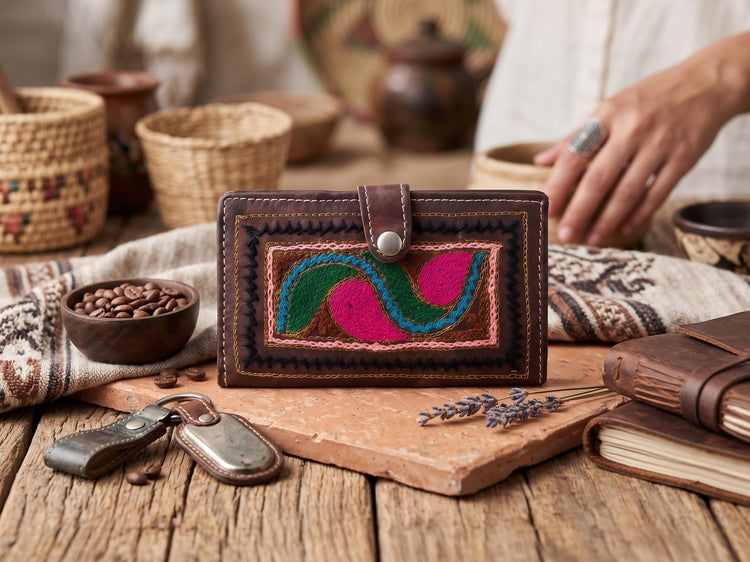 Vintage Embroidered Leather Wallet: 70s Boho Hippie Bifold Purse