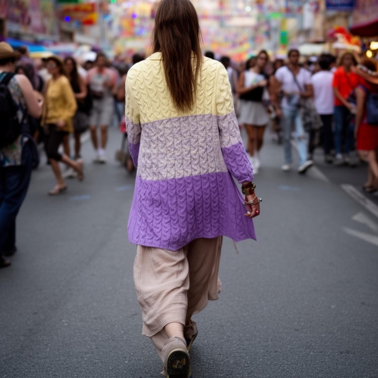 Y2K Hand Knit Cardigan, Purple Yellow Colour Block Sweater, Vintage Boho Knit Jacket, Cottagecore Cardigan, Oversized Womens M