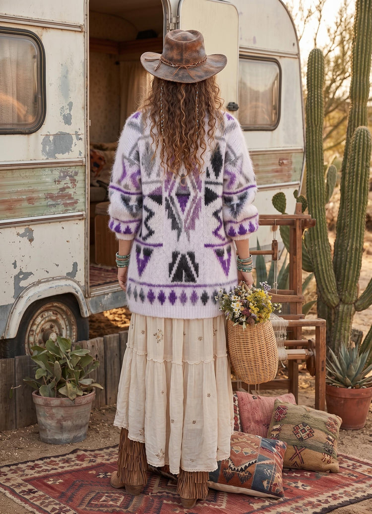 Vintage Mohair Cardigan, 80s 90s Aztec Knit Jacket, Purple White Oversized Sweater, Boho Hippie Wool Cardigan, Retro Winter Jumper