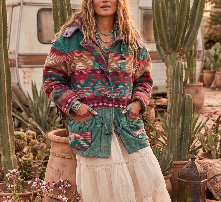Vintage Green Suede Jacket, 1980s Aztec Western Duffle Coat, Oversized Leather Winter Jacket, Boho Cowboy Coat, Womens L UK 16