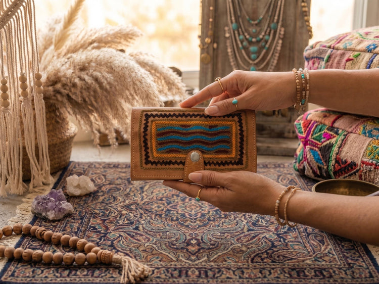 Handmade Embroidered Leather Bifold Wallet: Ethnic Coin Purse