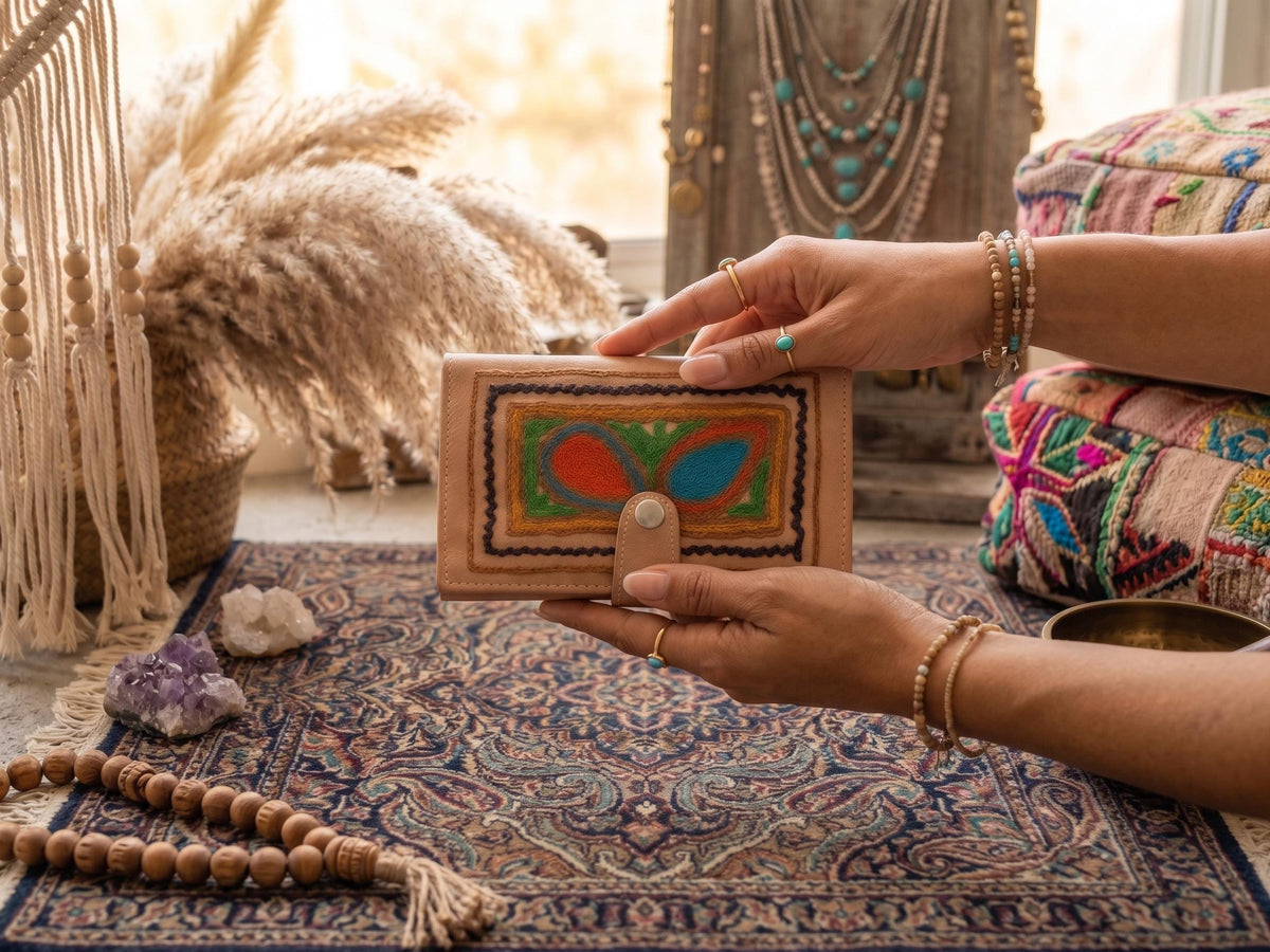Handmade Embroidered Leather Bifold Wallet: Ethnic Coin Purse