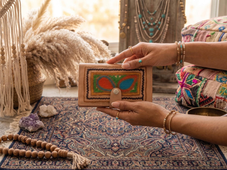 Handmade Embroidered Leather Bifold Wallet: Ethnic Coin Purse