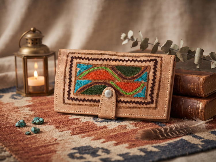 Handmade Embroidered Leather Bifold Wallet: Ethnic Coin Purse