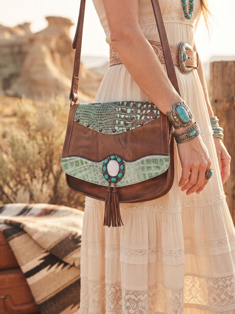 Western Turquoise Leather Bag, Cowhide Crossbody Purse, Tan Brown Boho Satchel, Southwestern Leather Shoulder Bag, Hippie Handmade Bag