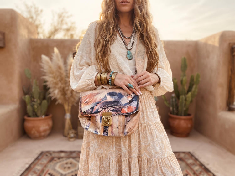 Boho Leather Shoulder Bag, Multicolour Y2K Feather Handbag, Patchwork Leather Saddle Bag, Matching Coin Purse, Hippie Festival Bag