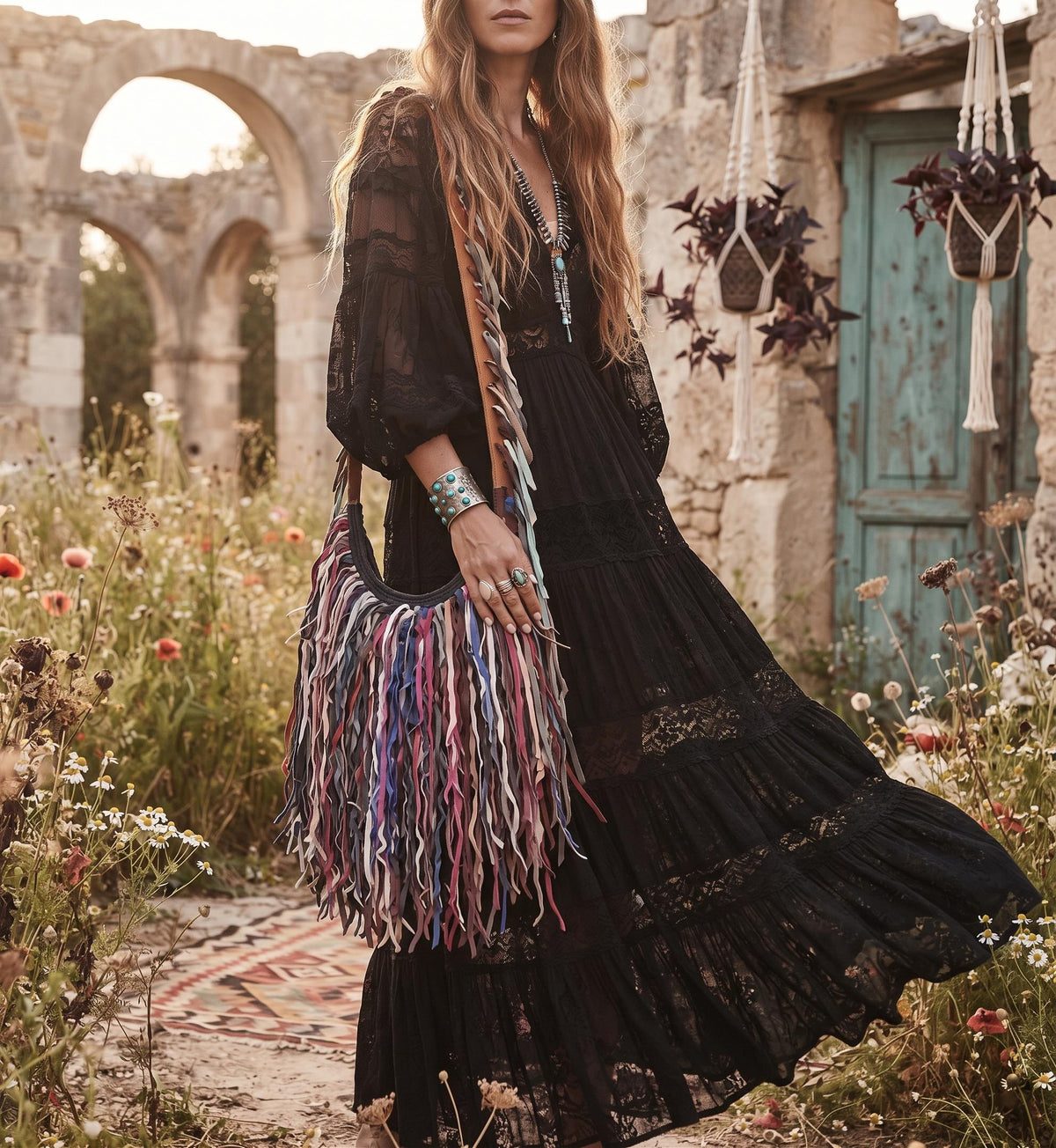 Upcycled Leather Fringe Shoulder Bag: Oversized Boho Western Tote