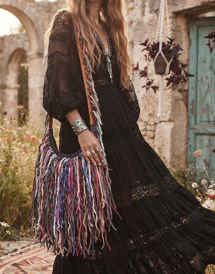 Upcycled Leather Fringe Shoulder Bag: Oversized Boho Western Tote