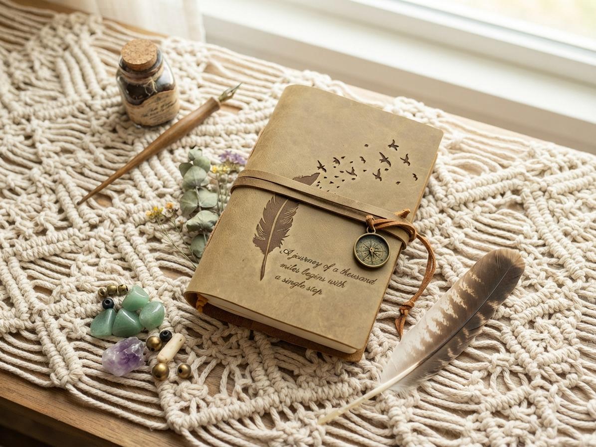Embossed Leather Travel Journal: Feather Bird Design, Handmade Diary