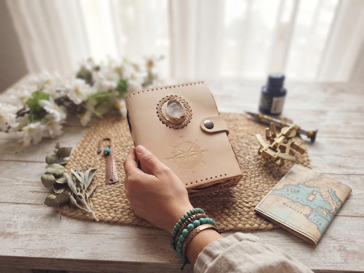Nautical Compass Journal, Leather Travel Diary with Quartz, Handmade Adventure Notebook, Unisex Travel Journal, Explorer Gift, Leather Diary