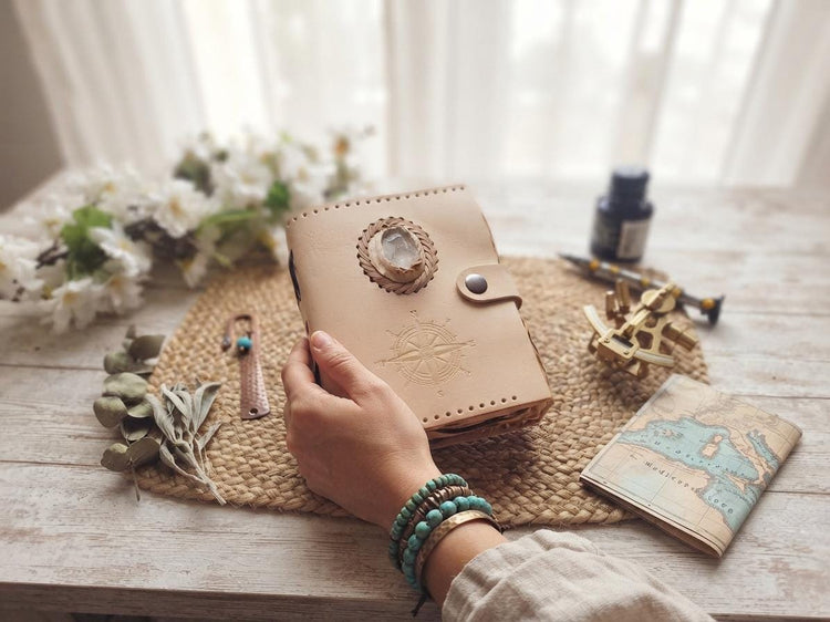 Nautical Compass Journal, Leather Travel Diary with Quartz, Handmade Adventure Notebook, Unisex Travel Journal, Explorer Gift, Leather Diary