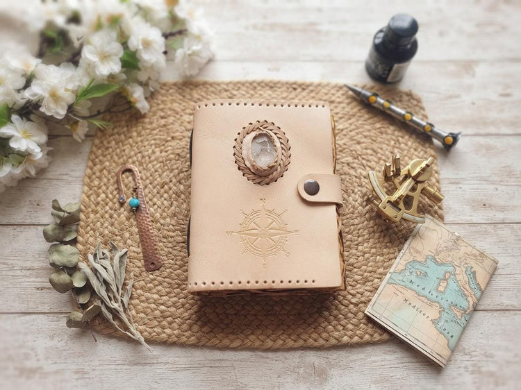 Nautical Compass Journal, Leather Travel Diary with Quartz, Handmade Adventure Notebook, Unisex Travel Journal, Explorer Gift, Leather Diary