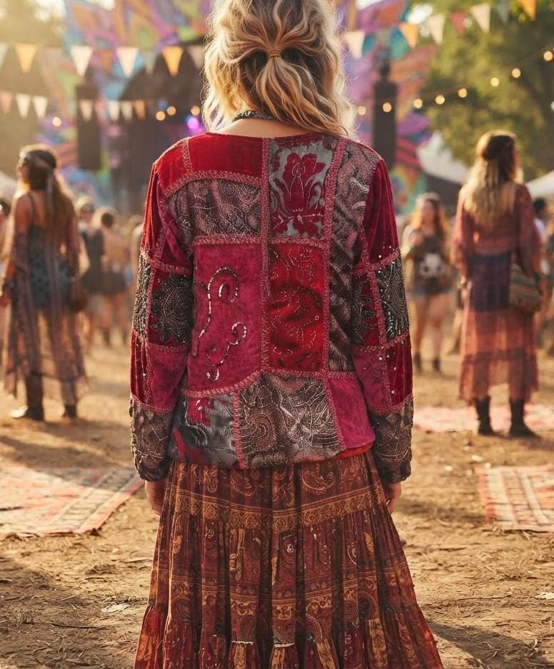 Embroidered Velvet Patchwork Jacket: Upcycled Banjara Tapestry, Boho Hippie Style