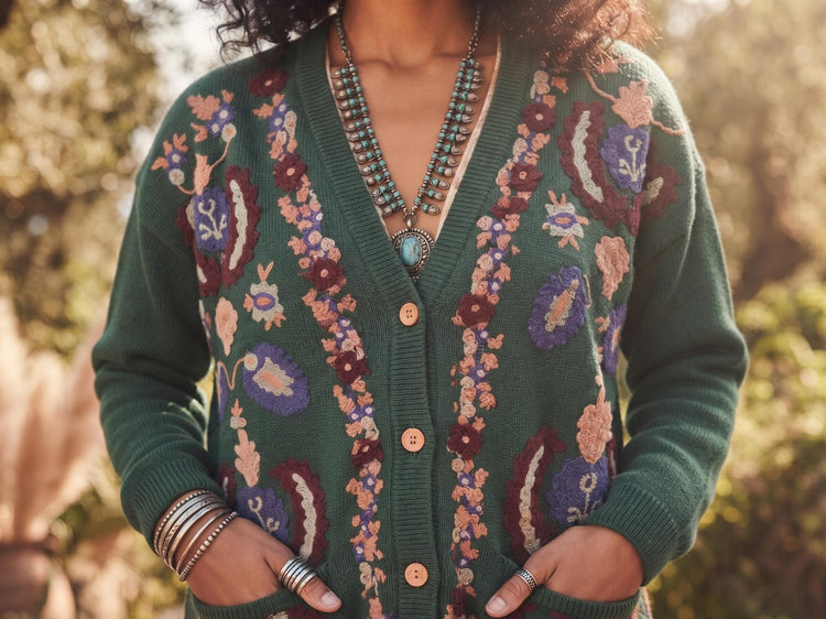 Hand Embroidered Wool Cardigan: Boho Y2K Knit Sweater, Size L