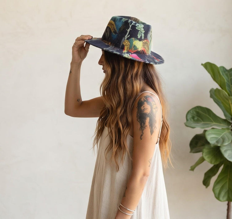 Handmade Wool Fedora Hat: Botanical Leaf & Feather Print, Boho Rocker Style