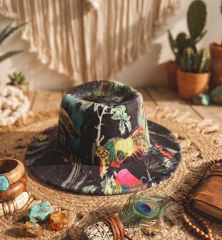 Handmade Wool Fedora Hat: Botanical Leaf & Feather Print, Boho Rocker Style
