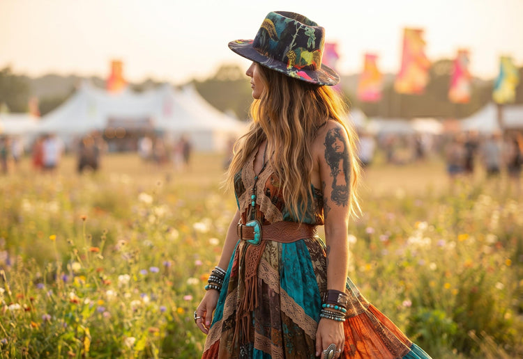 Handmade Wool Fedora Hat: Botanical Leaf & Feather Print, Boho Rocker Style