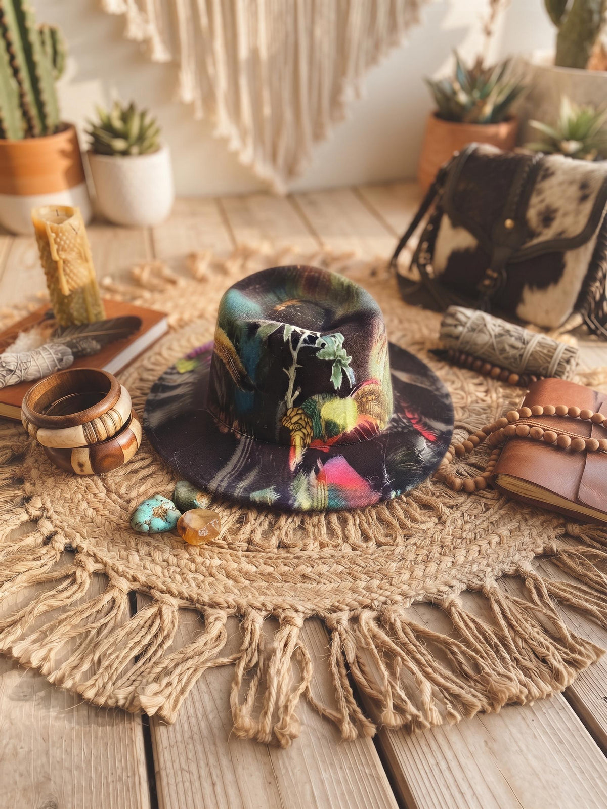 Handmade Wool Fedora Hat: Botanical Leaf & Feather Print, Boho Rocker Style