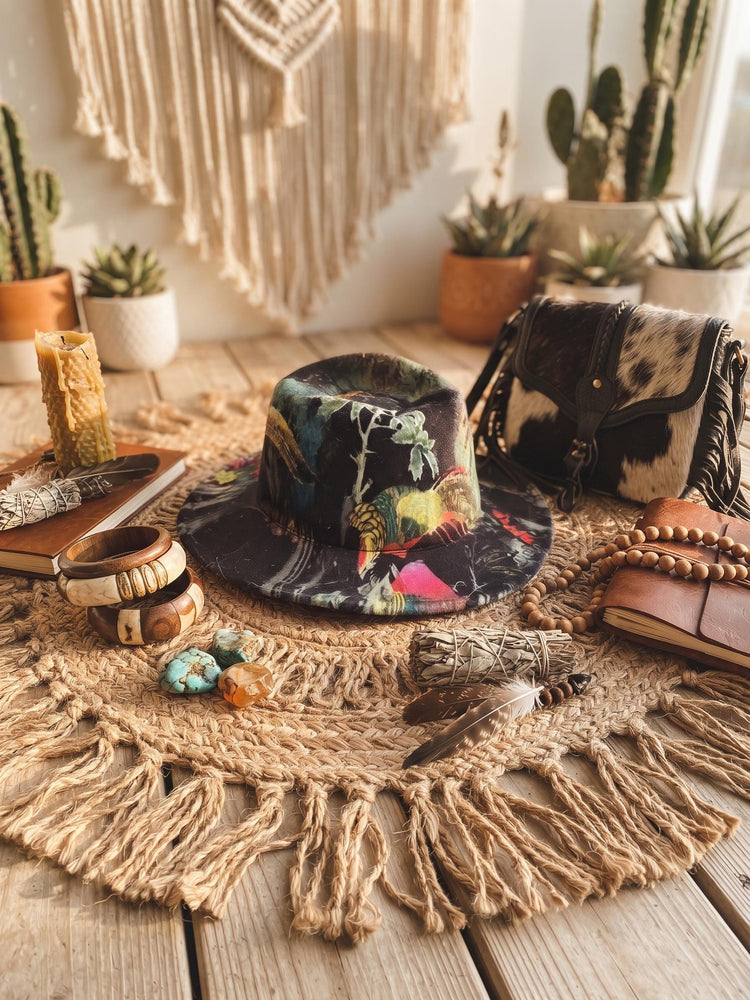 Handmade Wool Fedora Hat: Botanical Leaf & Feather Print, Boho Rocker Style