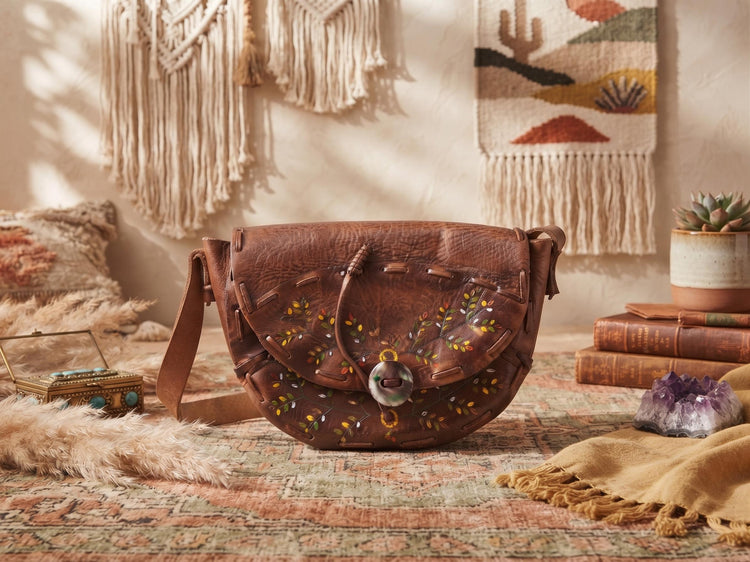 Vintage 1970s Leather Bag, Hand Painted Flower Shoulder Bag, Tooled Leather Hippie Purse, Boho Western Bag, Retro Festival Handbag