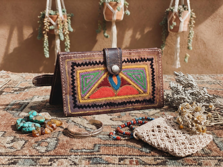 Handmade Vintage Embroidered Leather Wallet: 1970s Boho Purse