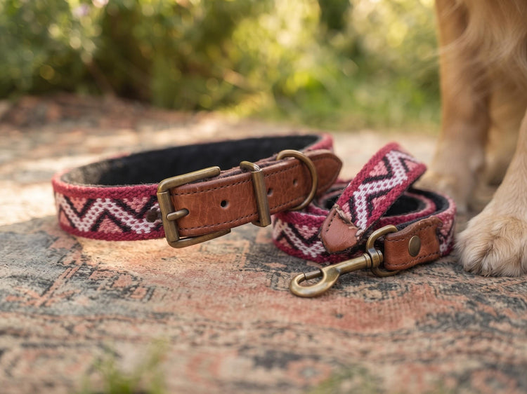 Handmade Leather Dog Collar & Leash Set: Upcycled Moroccan Kilim, Medium Size