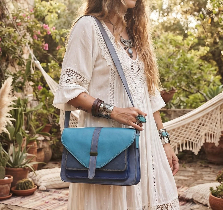 Blue Patchwork Leather Bag, Upcycled Leather Crossbody Purse, Boho Saddle Bag, Colour Block Shoulder Bag, Handmade Leather Handbag